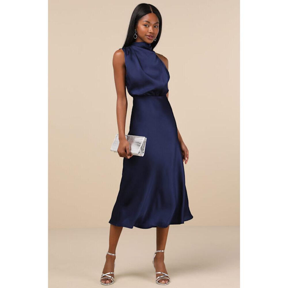 Lulus Distinctive Charm Navy Satin Asymmetrical Midi Dress Blue - Size XXL